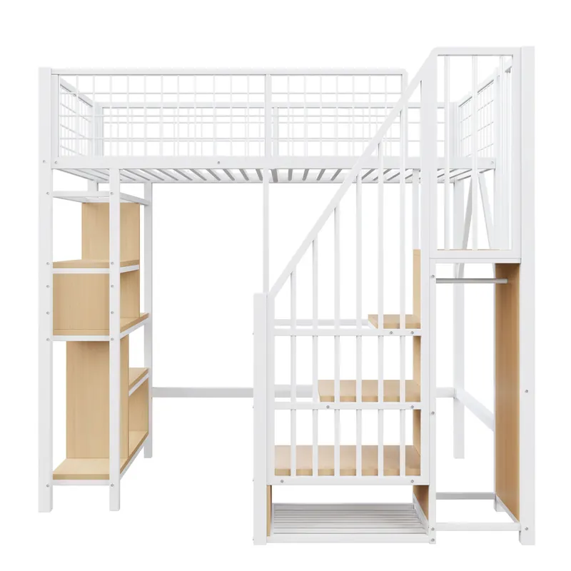 Cama alta multifuncional 90x200 cm - Con almacenamiento, estanterías y escalera - Blanca