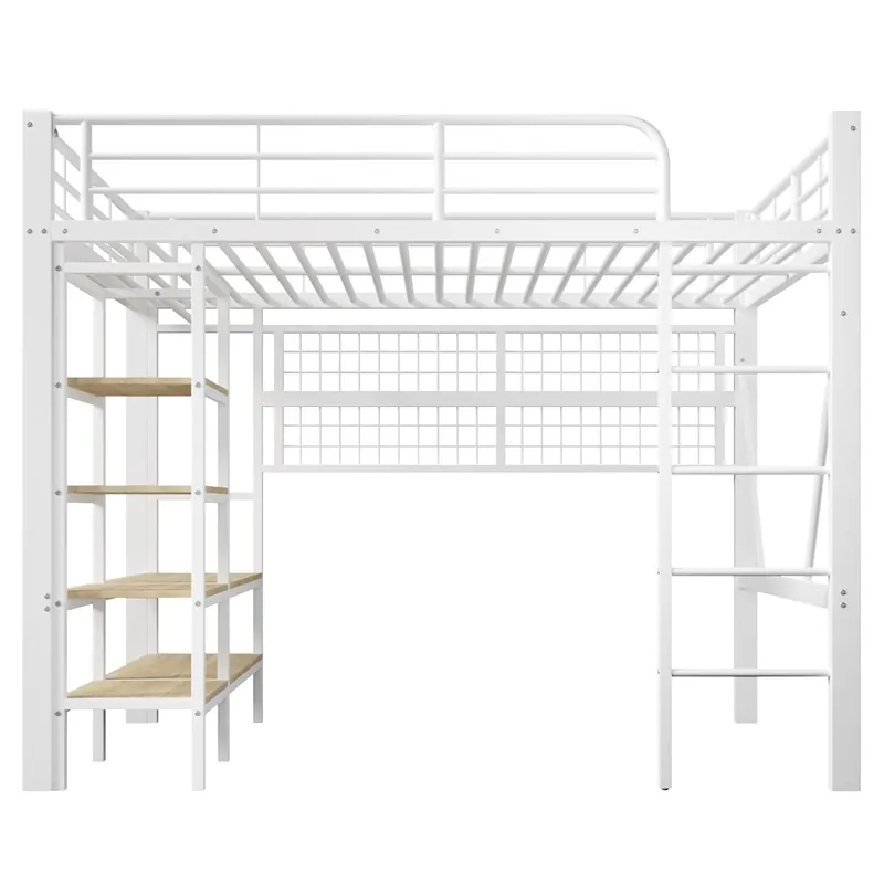 Cama alta 140x200 cm - Estructura de metal, estante, barra para colgar, espacio libre, tira LED - Blanco