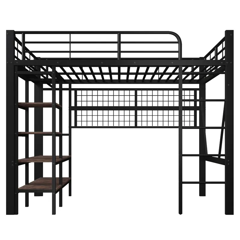 Cama alta 140x200 cm - Estructura de metal, estante, barra para colgar, espacio libre, tira LED - Blanco