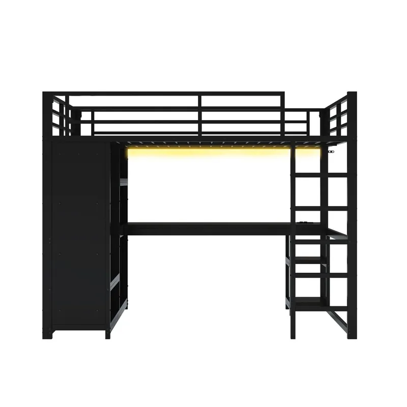 Cama alta gaming 140x200 - LED, escritorio, armario abierto y estantes - Negro