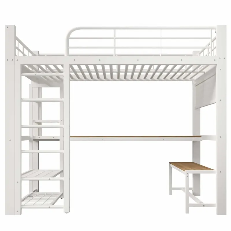 Cama alta 140×200 cm - Estructura metálica, con rejilla para colgar objetos, tira de LED, escaleras con almacenamiento, sin colchón - Blanco