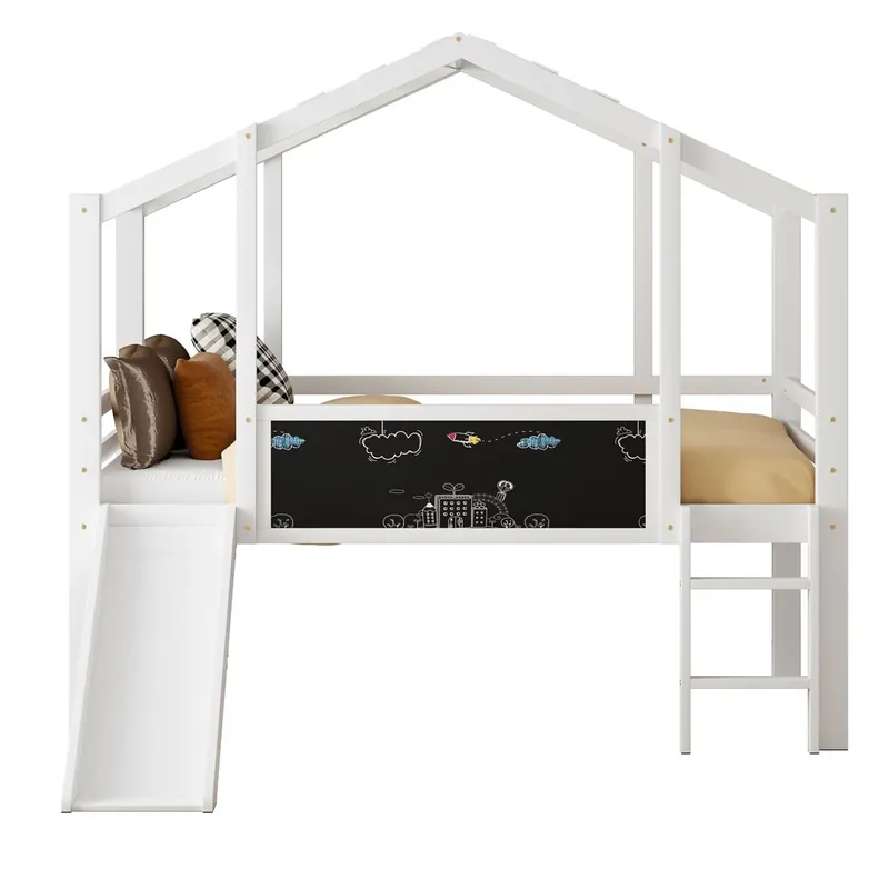 Cama infantil 90 x 200 cm - Diseño de altillo con escalera y tobogán de seguridad, con pizarra, cama multifuncional, madera maciza, blanca