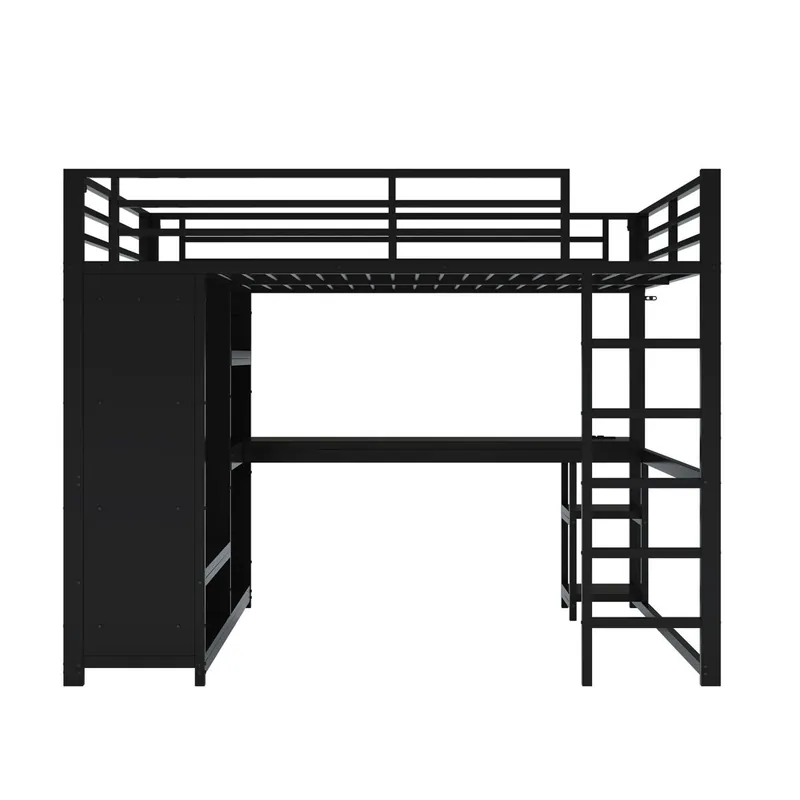 Cama alta gaming 160x200 - LED, escritorio, armario abierto y estantes - Negro