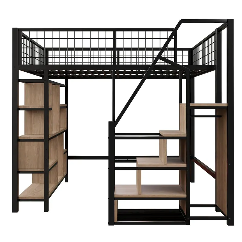 Cama alta multifuncional 140 x 200 cm - Con almacenamiento, estantes y escalera - Blanco