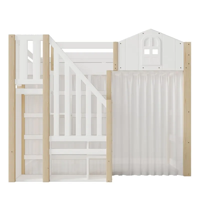Cama loft 140x200 cm - Con luces LED, escalera de almacenamiento, ventana, con espacio de almacenamiento, sin colchón - Blanco + Natural