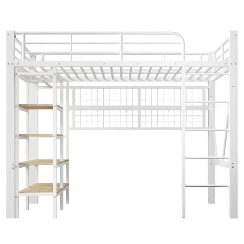 Cama alta 90x200 cm - Estructura metálica, estante, red para colgar, barra de ropa, espacio libre, LED - Blanco