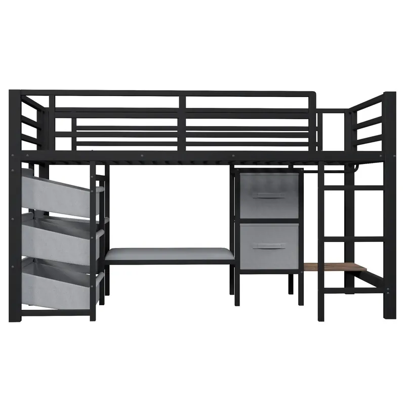 Cama alta 90x200 cm - Con cojín, almacenamiento, LED multicolor, ganchos - Negro
