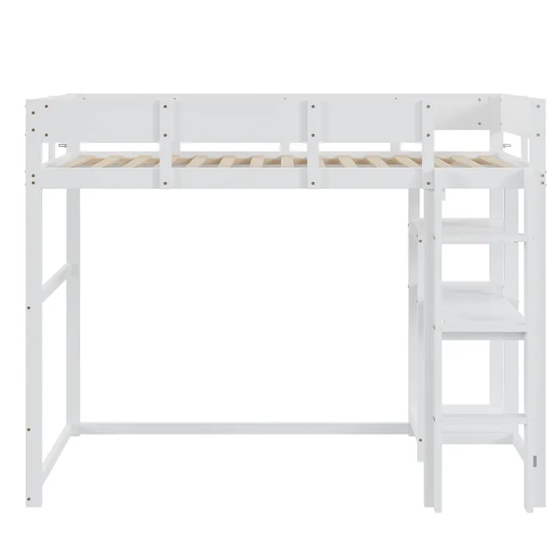 Cama alta 90x200 cm - Estructura de madera maciza de pino con estantería y somier, para niños y adolescentes - Gris