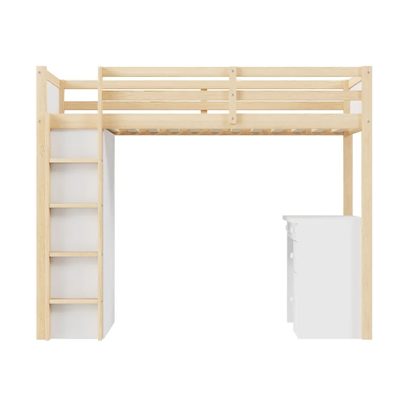 Cama entrepiso 90x200 cm - con mueble de almacenaje y escritorio - madera maciza - Natural