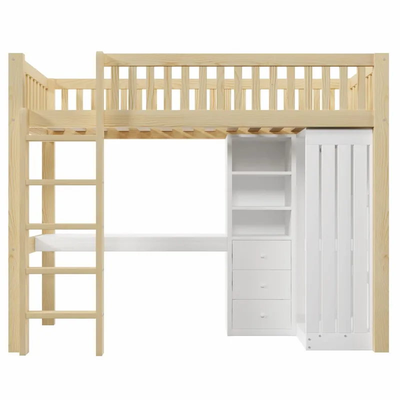 Cama alta 90x200 cm - Escritorio, armario, 3 cajones, estantería, barandilla, escalera - Natural