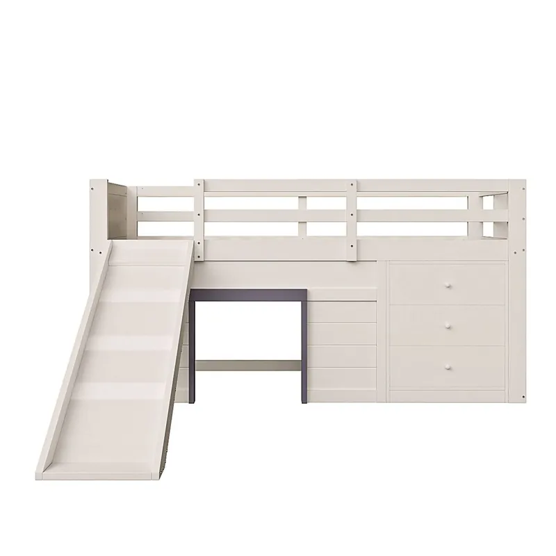 Cama alta baja 90x200 - con rampa, 3 cajones y 2 puertas - crema