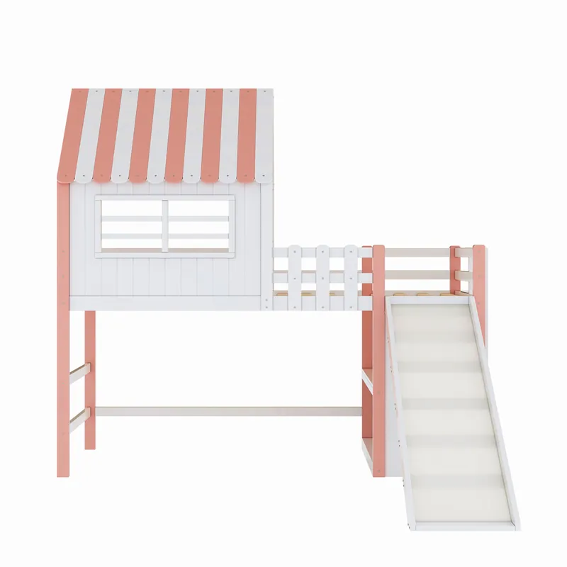 Cama alta infantil 90x200 cm - diseño ático, escalera y rampa de seguridad, estantes multifuncionales - rosa