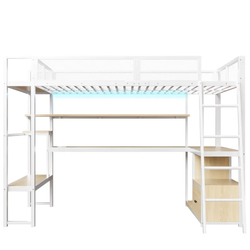 Cama alta metálica gaming 140x200 - escritorio integrado, LED y amplio almacenamiento - Blanco