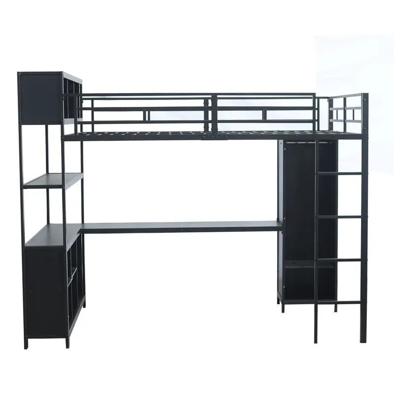 Cama loft 140x200 cm - Con almacenamiento bajo escritorio y armario - Blanco+Natural