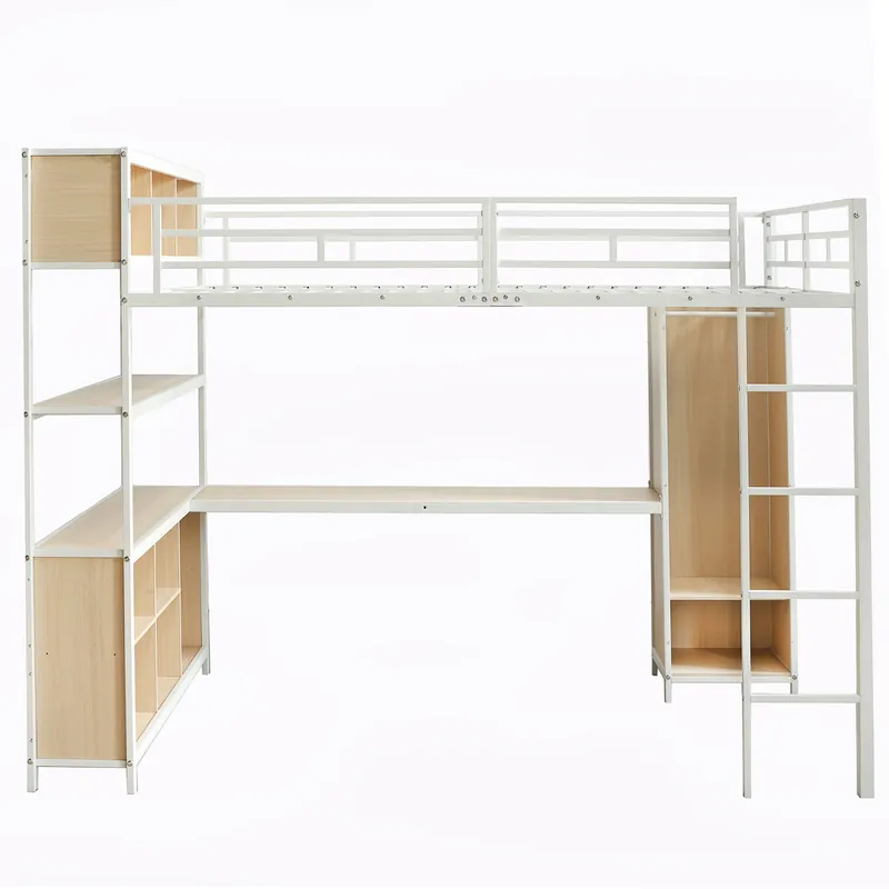 Cama loft 140x200 cm - Con almacenamiento bajo escritorio y armario - Blanco+Natural