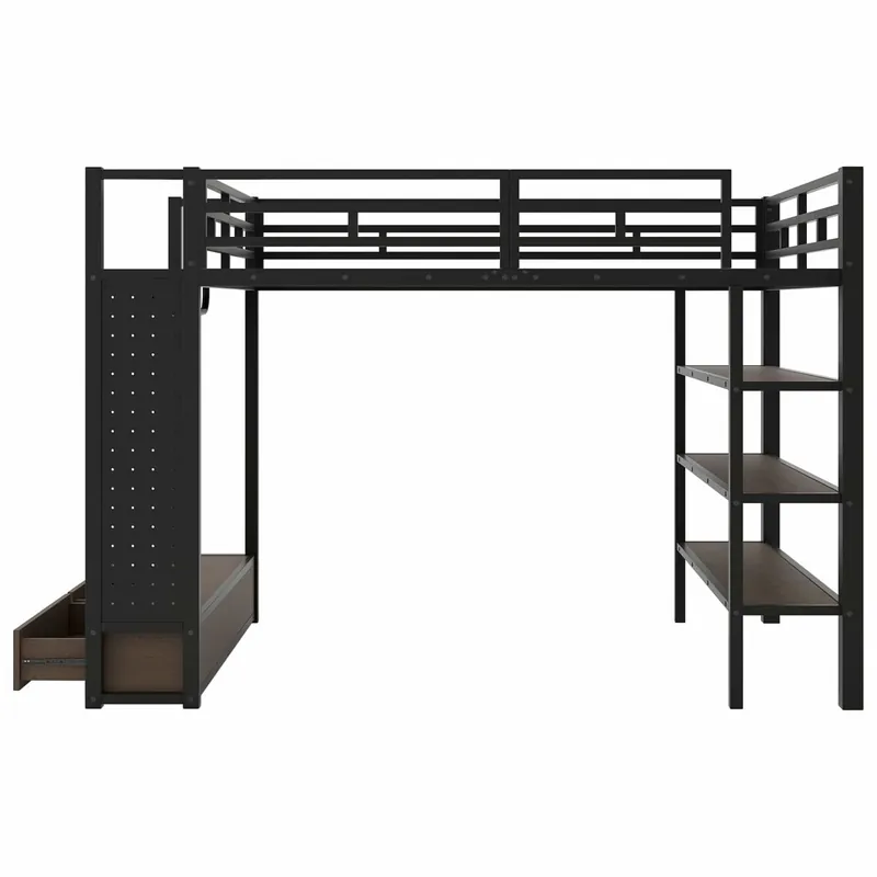 Cama alta 140x200 - armario abierto, estantes, panel perforado y luz LED - negro