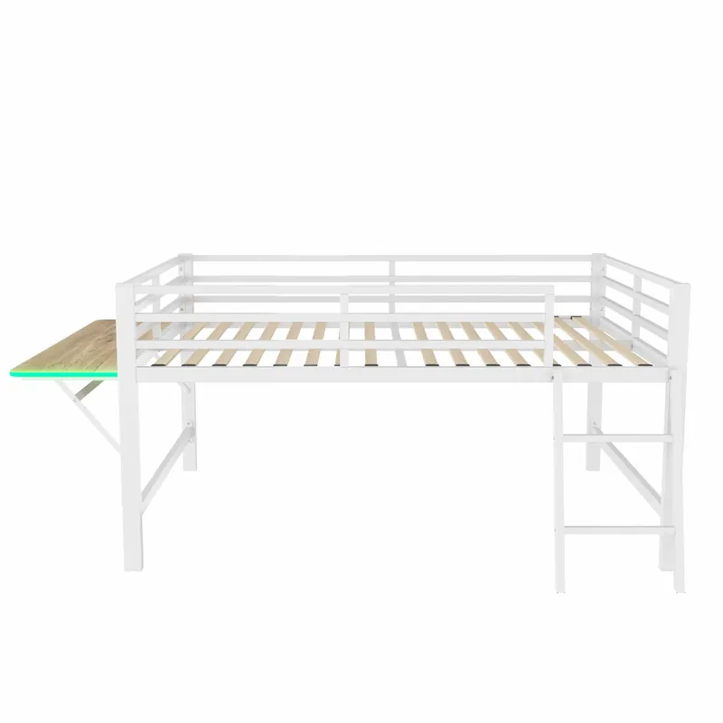 Cama baja 140x200 cm - Sin colchón, barandilla, escalera, escritorio, tira LED - Blanco