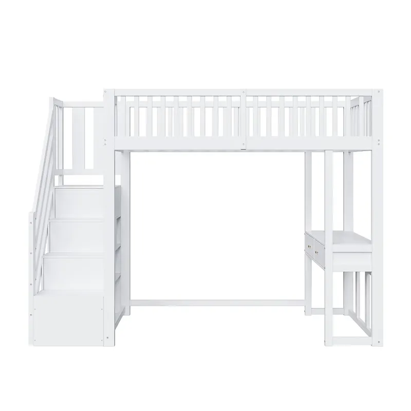 Cama alta 90x200 cm - Mesa multifuncional, escalera de almacenamiento segura - Blanco y roble claro