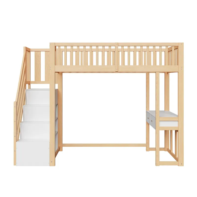 Cama alta 90x200 cm - Mesa multifuncional, escalera de almacenamiento segura - Blanco y roble claro