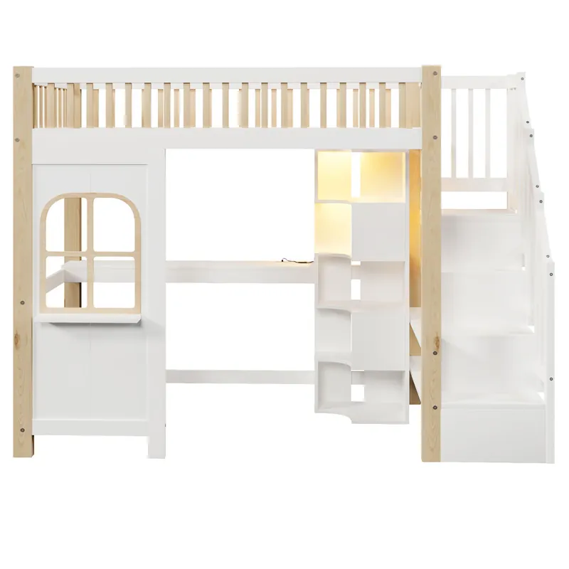 Cama alta 90x200 cm - Con luces LED, ventana, escalera con almacenamiento, escritorio, enchufe - Blanco+Natural
