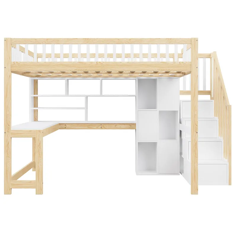 Cama alta 140x200 cm - Con luces LED, estantería, escritorio, sin colchón - Blanco+Natural