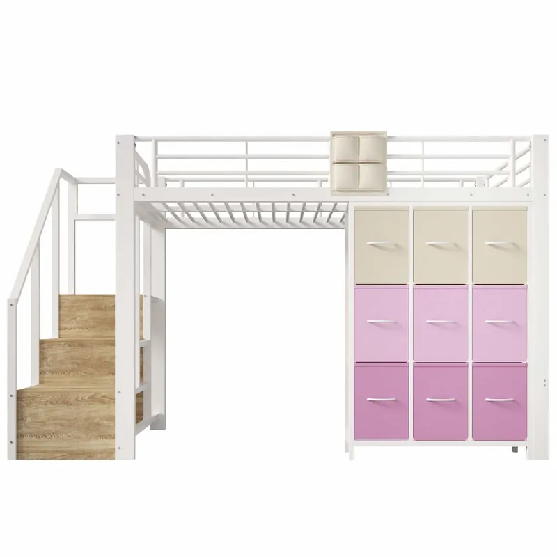 Litera alta 140x200 cm - Con cajones, barra para ropa, barandilla, escalera con almacenamiento - Blanco