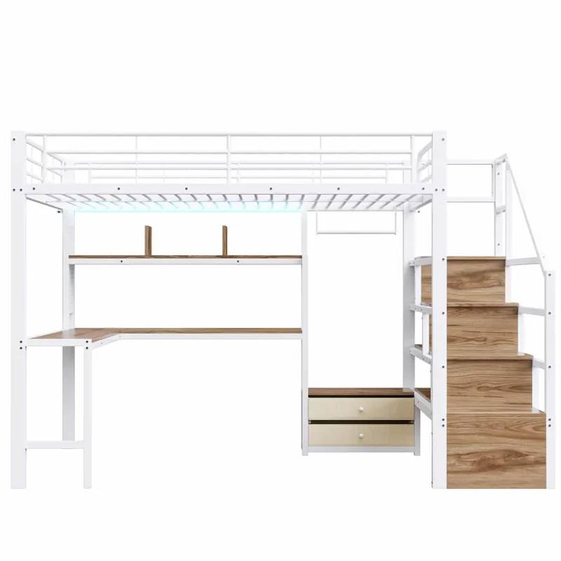 Cama alta 140x200 cm - estructura de hierro, 2 cajones, rejilla para colgar objetos, tira de luz LED, escritorio, escalera con almacenamiento, sin colchón - blanco