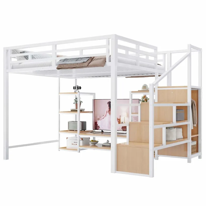 Cama Alta 140x200 - Con soporte para TV, toma de corriente y escalera de seguridad, combinación metálica y madera, moderna y ahorradora de espacio, cama infantil con almacenamiento práctico - Blanca