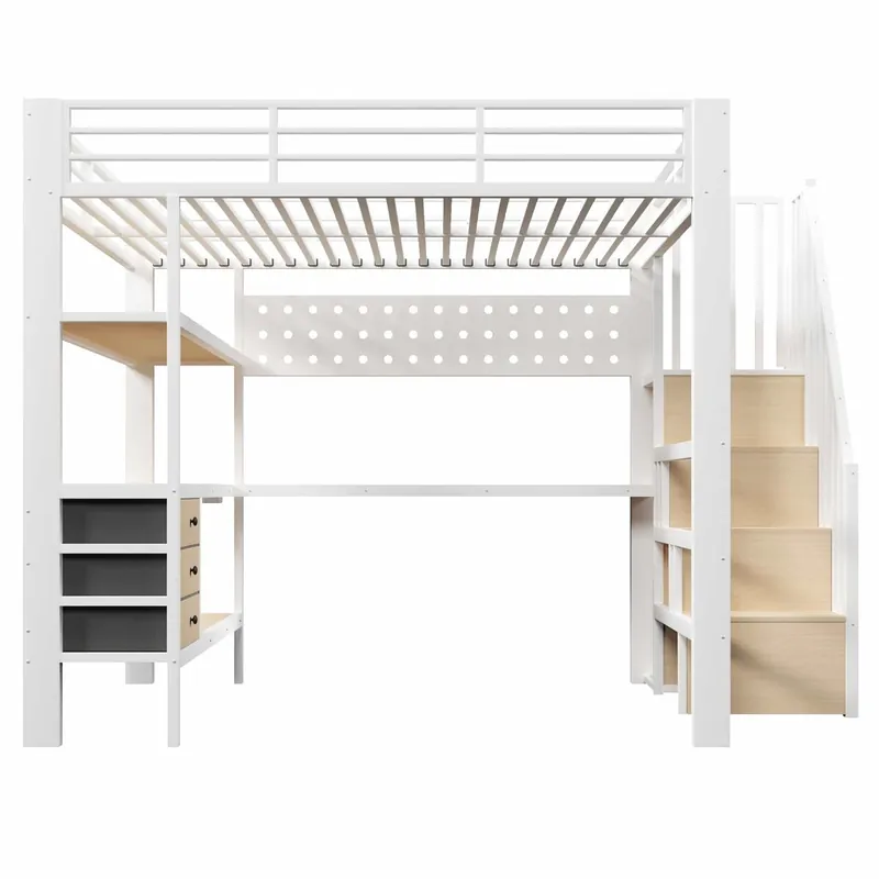 Cama alta 140x200 cm - estructura metálica con estante, cajón, panel perforado, escritorio, enchufe y luz LED, sin colchón - blanco