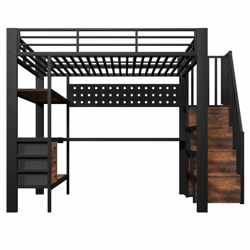 Cama alta 140x200 cm - estructura metálica con estante, cajón, panel perforado, escritorio, enchufe y luz LED, sin colchón - blanco