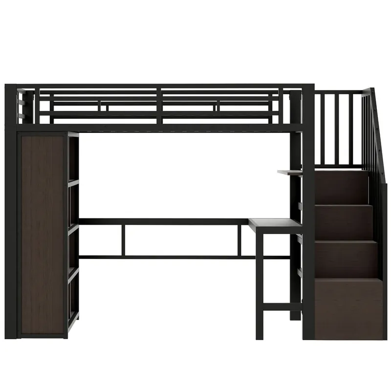 Cama alta 90x200 - estructura de hierro, escritorio, estante, LED y escalera con almacenaje - Blanco
