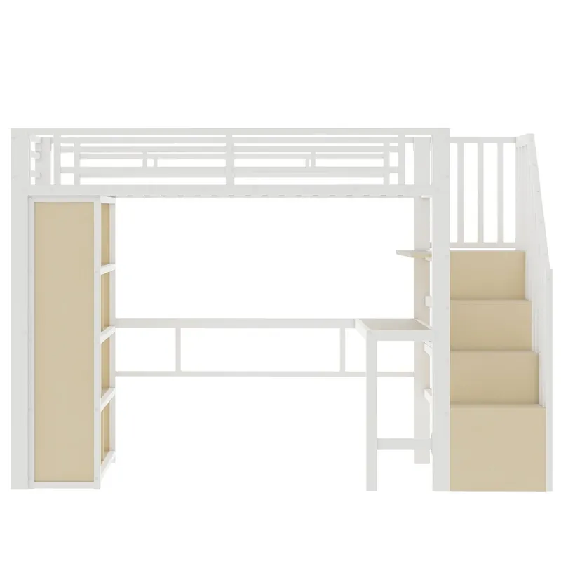 Cama alta 90x200 - estructura de hierro, escritorio, estante, LED y escalera con almacenaje - Blanco