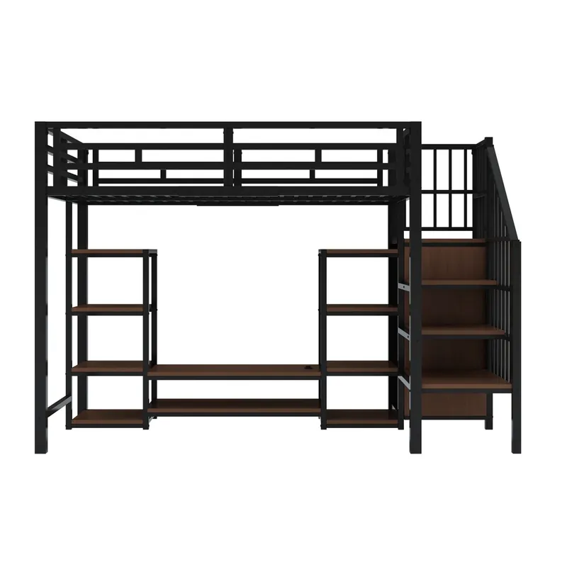 Cama alta 90x200 con soporte para TV, enchufe y escalera de seguridad - Combinación metal-madera, negro