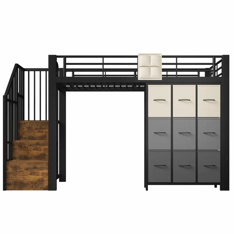 Litera alta 90x200 cm - con cajones, barra para ropa, barandilla, escalera con almacenamiento - Negro