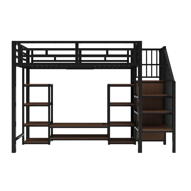 Cama alta 90x200 con soporte para TV, enchufe y escalera de seguridad - Combinación metal-madera, negro