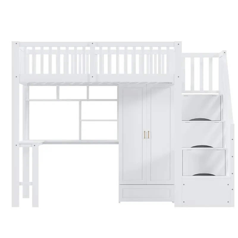 Cama alta 90x200 - Con armario, estantería, mesa y escalera, estructura de madera, blanca