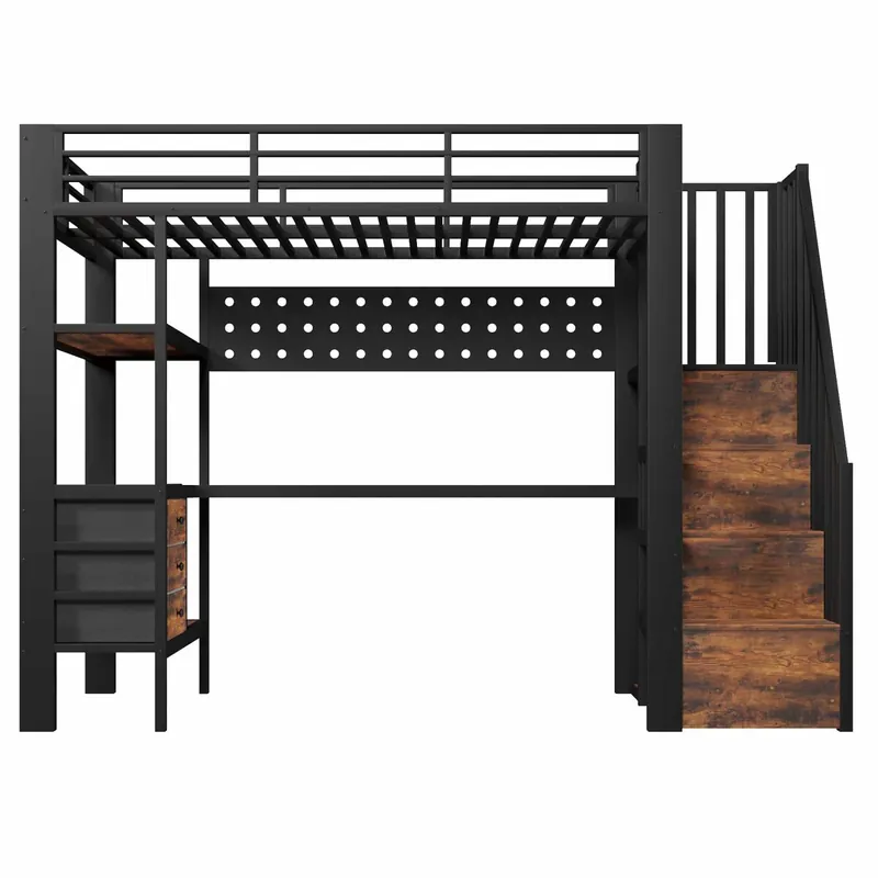 Cama alta 90x200 cm - cama metálica con estante, cajón, panel perforado, escritorio, enchufe y luz LED, sin colchón - blanco