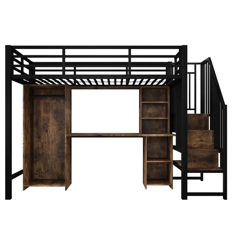 Cama alta 90x200 cm - Marco de hierro, armario, escritorio y escalera con almacenamiento - Blanco