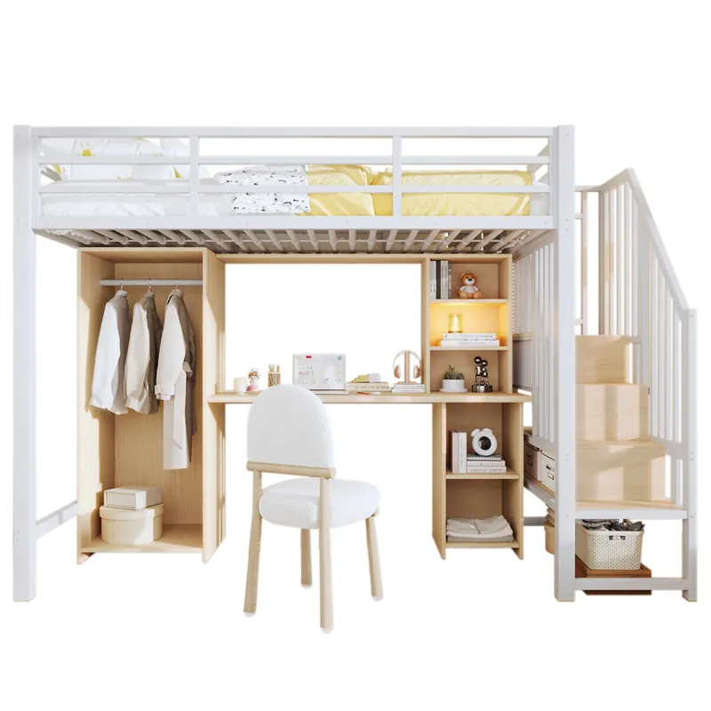 Cama alta 90x200 cm - Marco de hierro, armario, escritorio y escalera con almacenamiento - Blanco