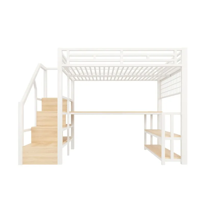 Litera alta 140x200 - estructura metal, estantería, escritorio, LED, USB, Tipo-C - Blanco