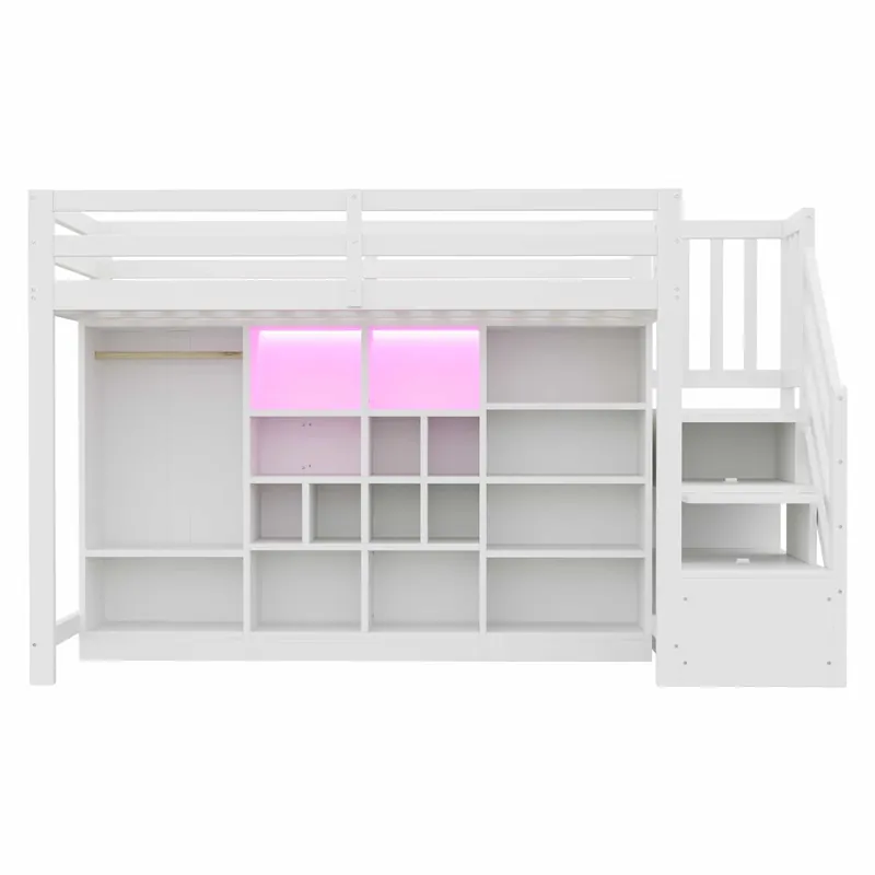 Cama alta 90 x 200 cm - con armarios de almacenamiento, múltiples estantes, armario ropero, iluminación LED y escalera lateral con almacenaje integrada - Blanco