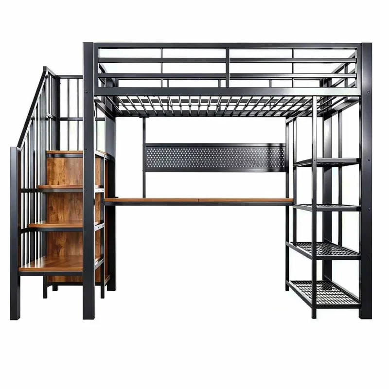 Cama alta 90x200 cm - Escritorio largo, panel perforado, enchufes europeos, luz LED, estantes múltiples, barandilla alta - Blanco