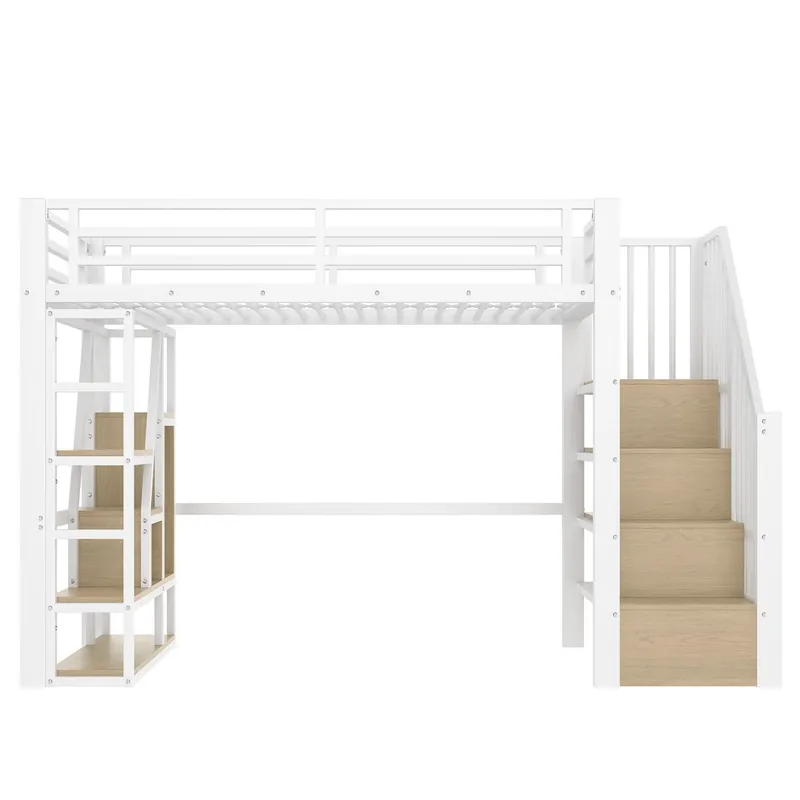 Cama alta 90x200 cm - Estructura metálica, estante, escalera integrada, barra de protección, luz LED, almacenamiento abierto - Blanco