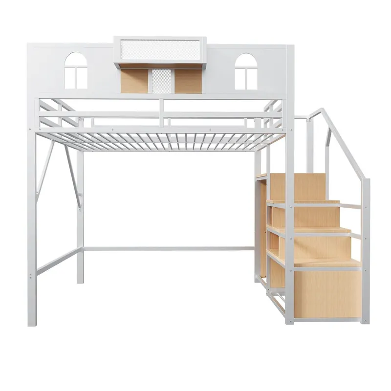 Cama alta metálica 140x200 - Con escalera de almacenamiento, ventana, madera y tejido, estructura estable - Blanco
