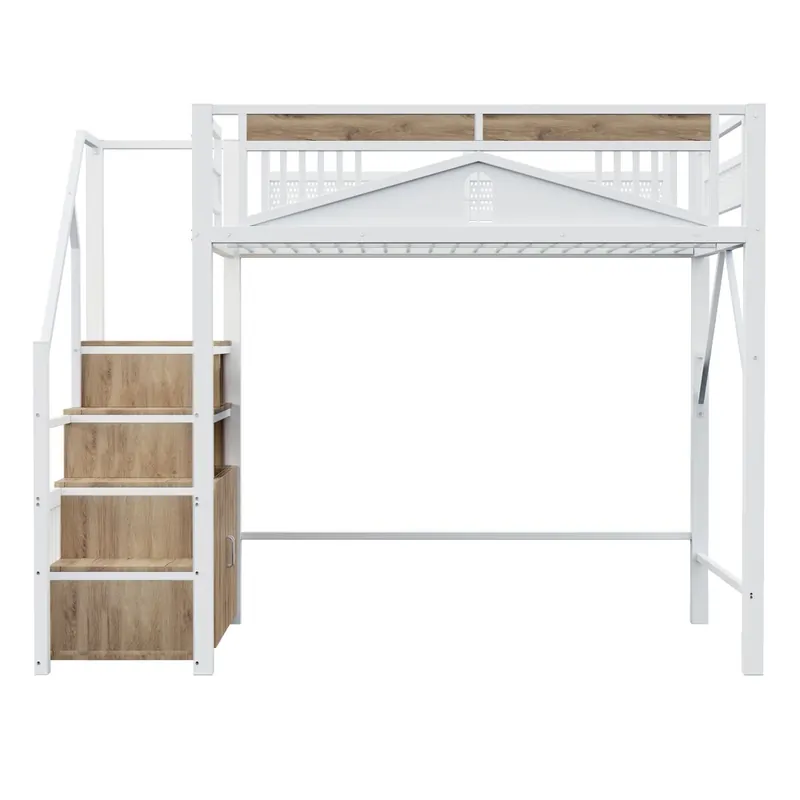 Cama alta metálica 140 x 200 cm - Con estructura de seguridad con ventana y escalera con armario - Blanco