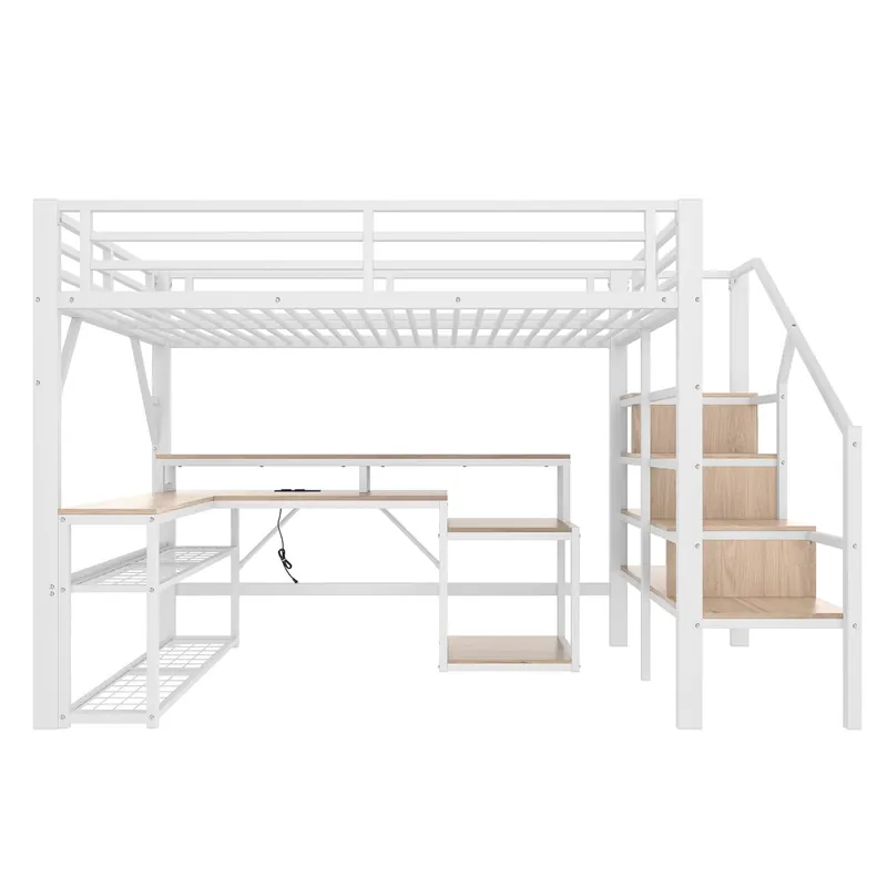 Cama alta 140x200 cm - Metal, estantería, escalera con almacenamiento, escritorio, LED, USB - Blanco