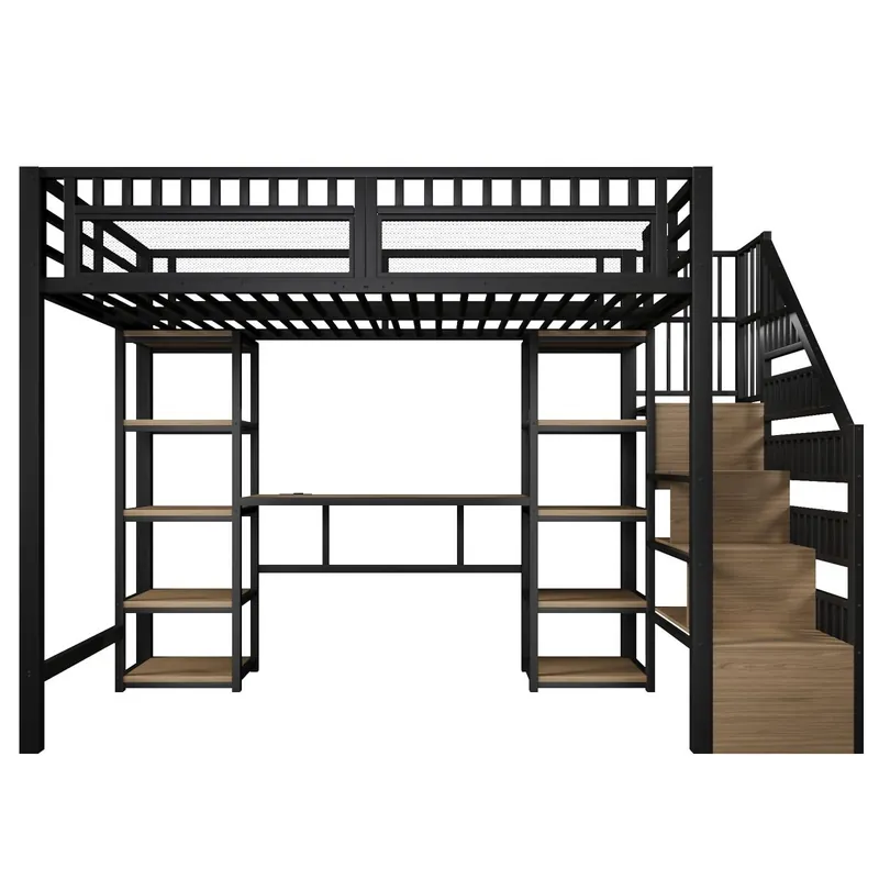 Cama alta 140x200 cm - Estructura de metal, escritorio, estante, LED, USB, sin colchón - Blanco