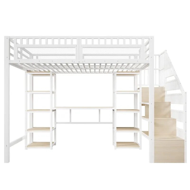 Cama alta 140x200 cm - Estructura de metal, escritorio, estante, LED, USB, sin colchón - Blanco