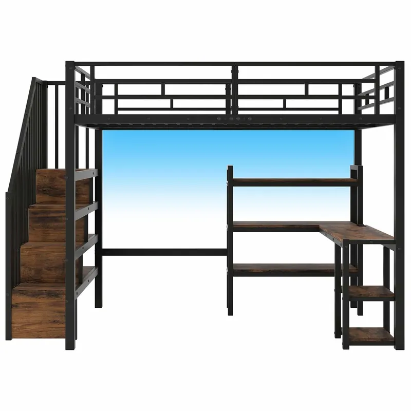 Cama alta de metal 140x200 - con escalera, escritorio integrado, almacenamiento, USB y luz LED - negro