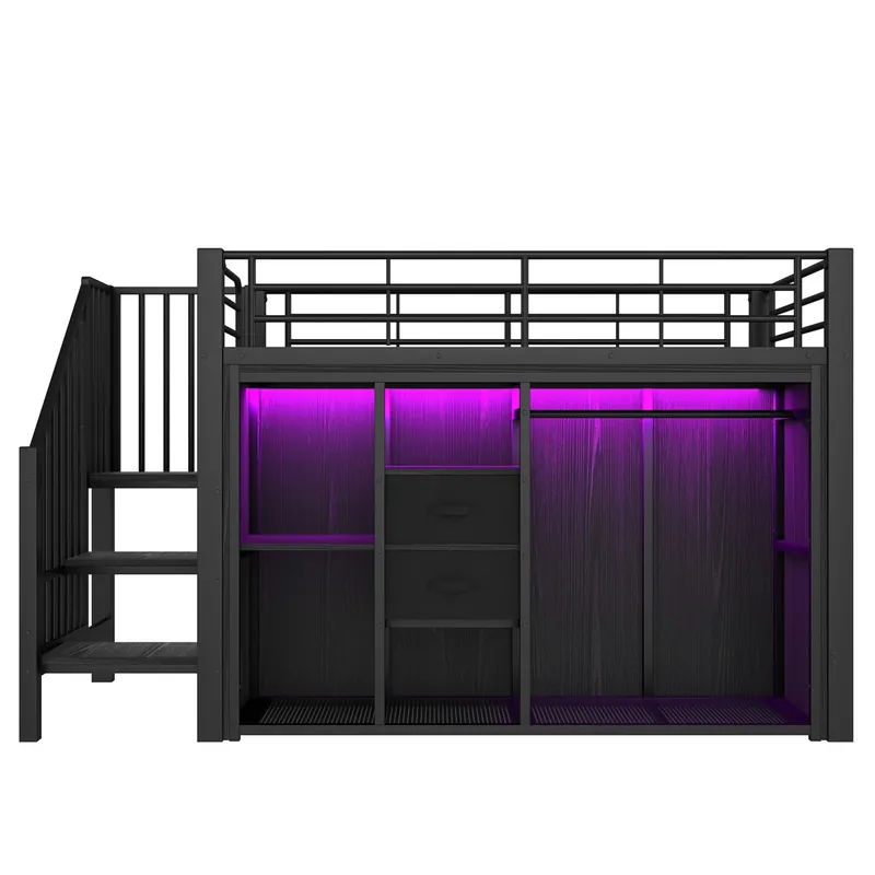 Cama loft 90x200 cm - 2 cajones, armario abierto, LED multicolor, varios compartimentos - Blanco